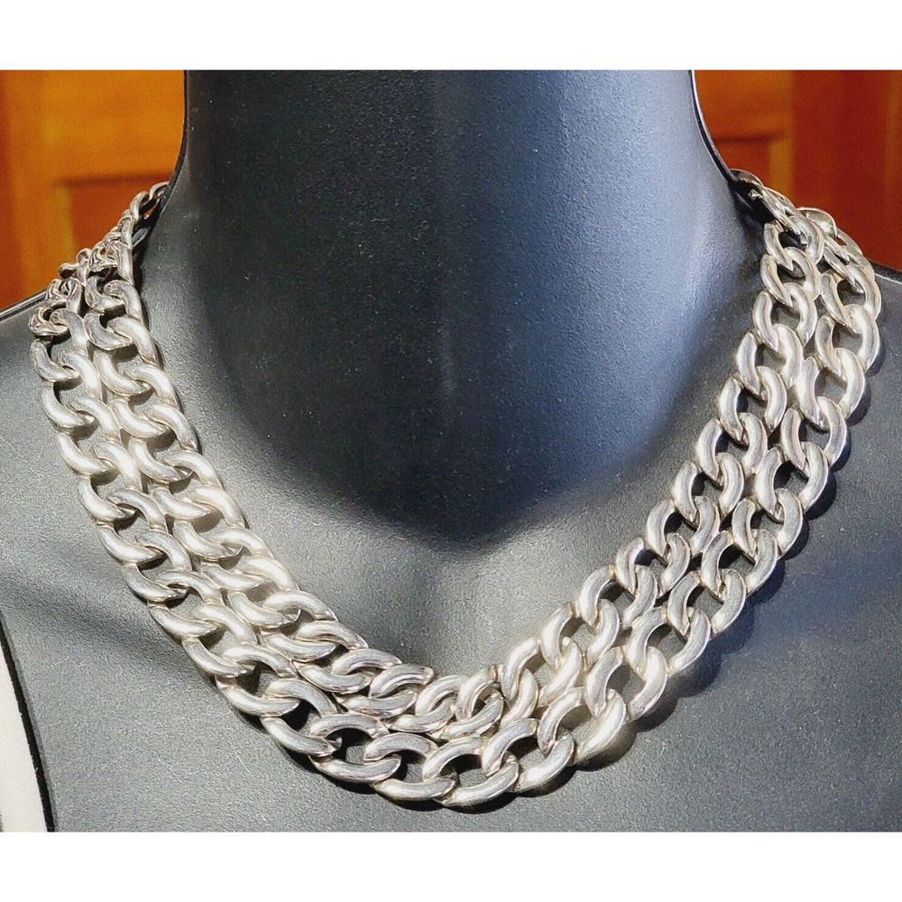 Vintage Silver tone Necklace‎ Double Row Links 16" x 1" Mid-century sn01-38